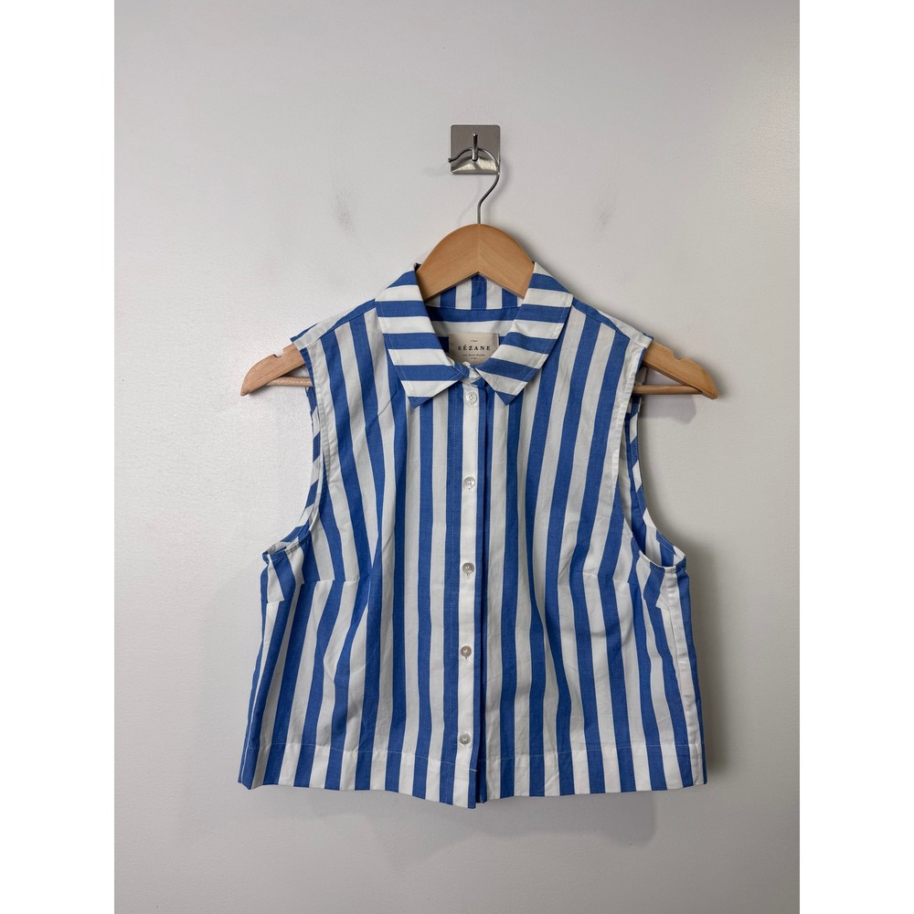 Sezane Women Blue Striped Sleeveless Button Down Cotton Blouse Size 36 US 4